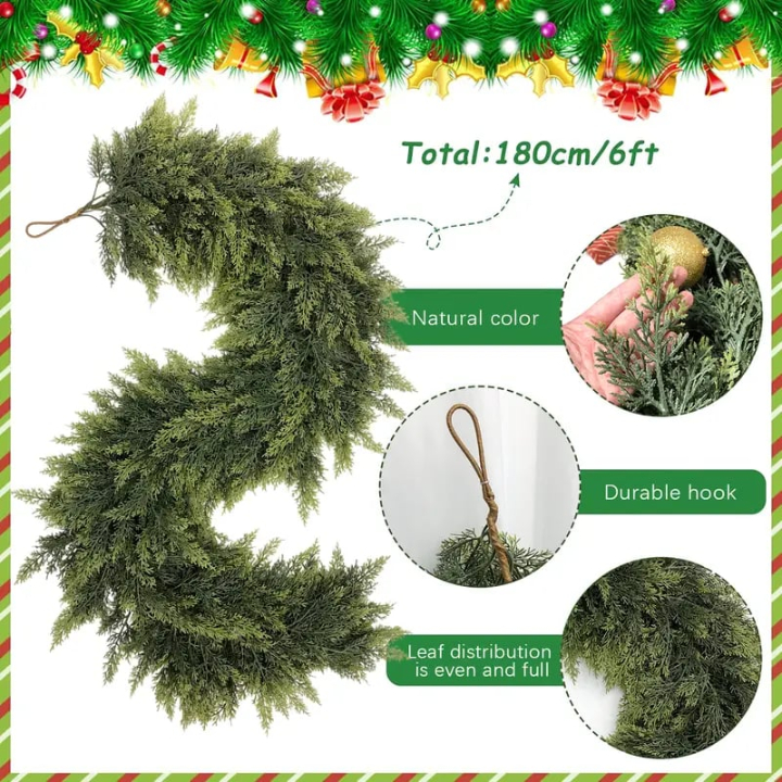 6 英尺 2 件装人造雪松花环，触感逼真的冬季雪松花环，绿色人造绿植松树花环，适用于餐桌、壁炉架、墙壁、室内、室外圣诞装饰（2 件，6 英尺） (3).jpg