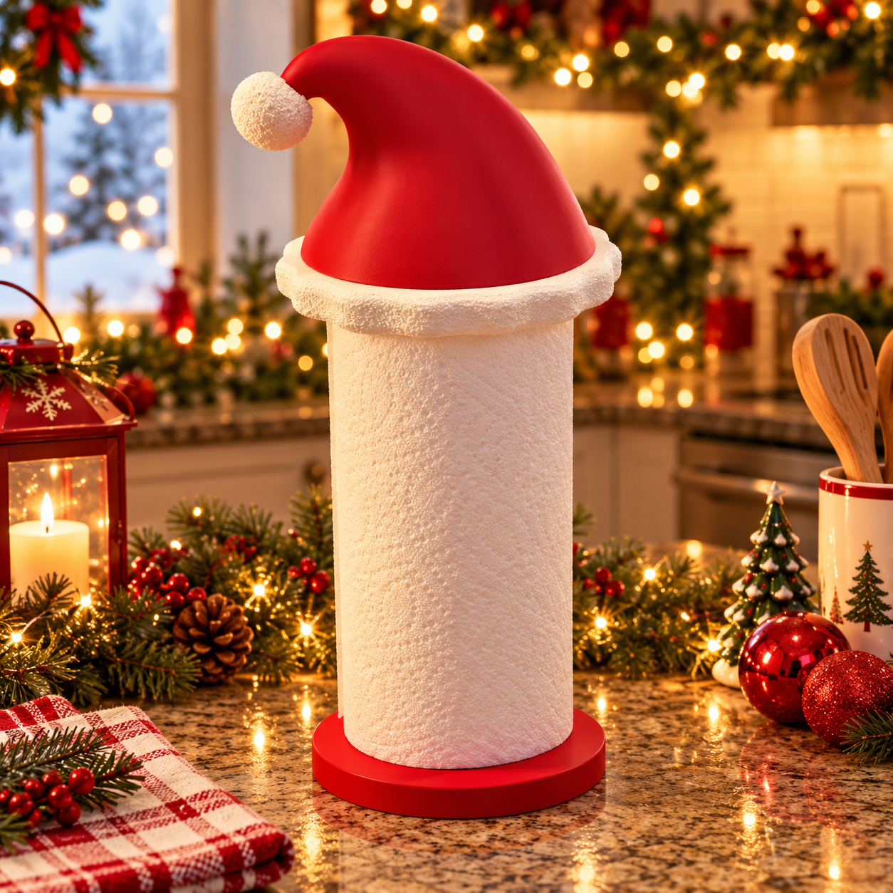 Santa Hat Paper Towel Holder in Festive Kitchen.png