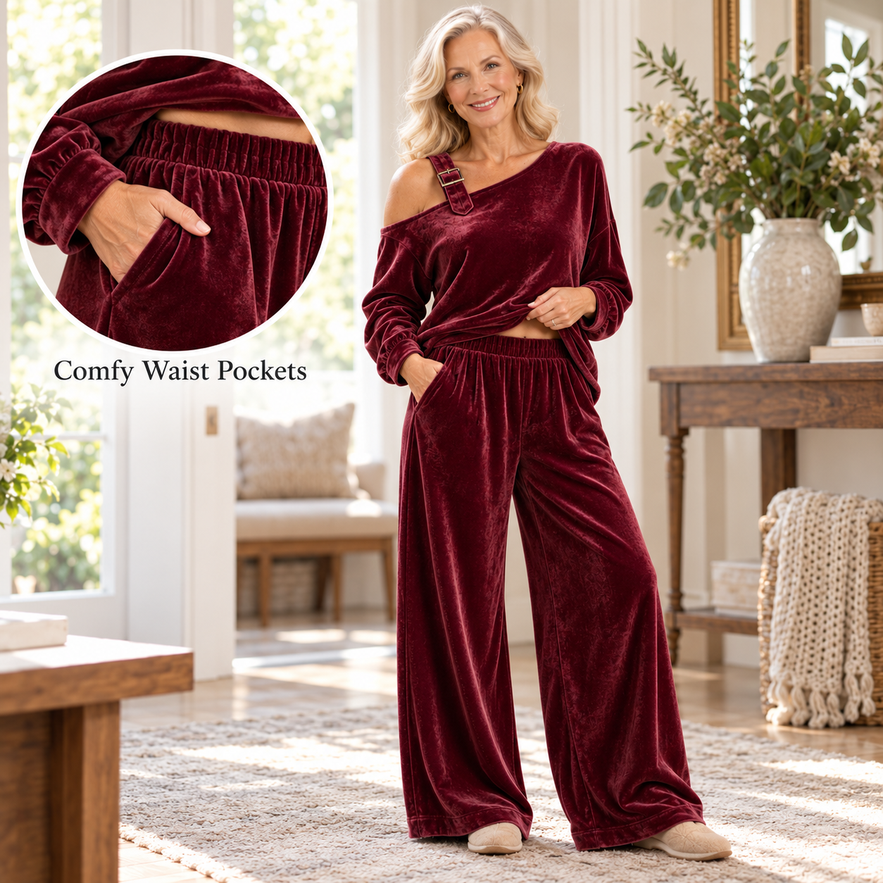 Velour pants showing the waistband and practical side pocket
