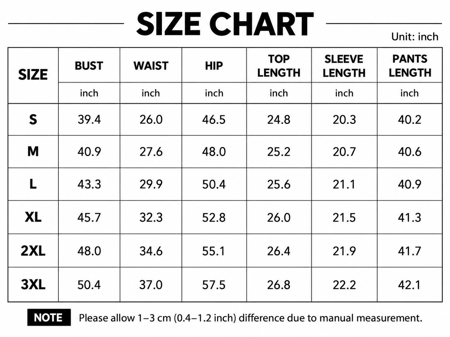 Size chart for the women's velour top and wide-leg pants set