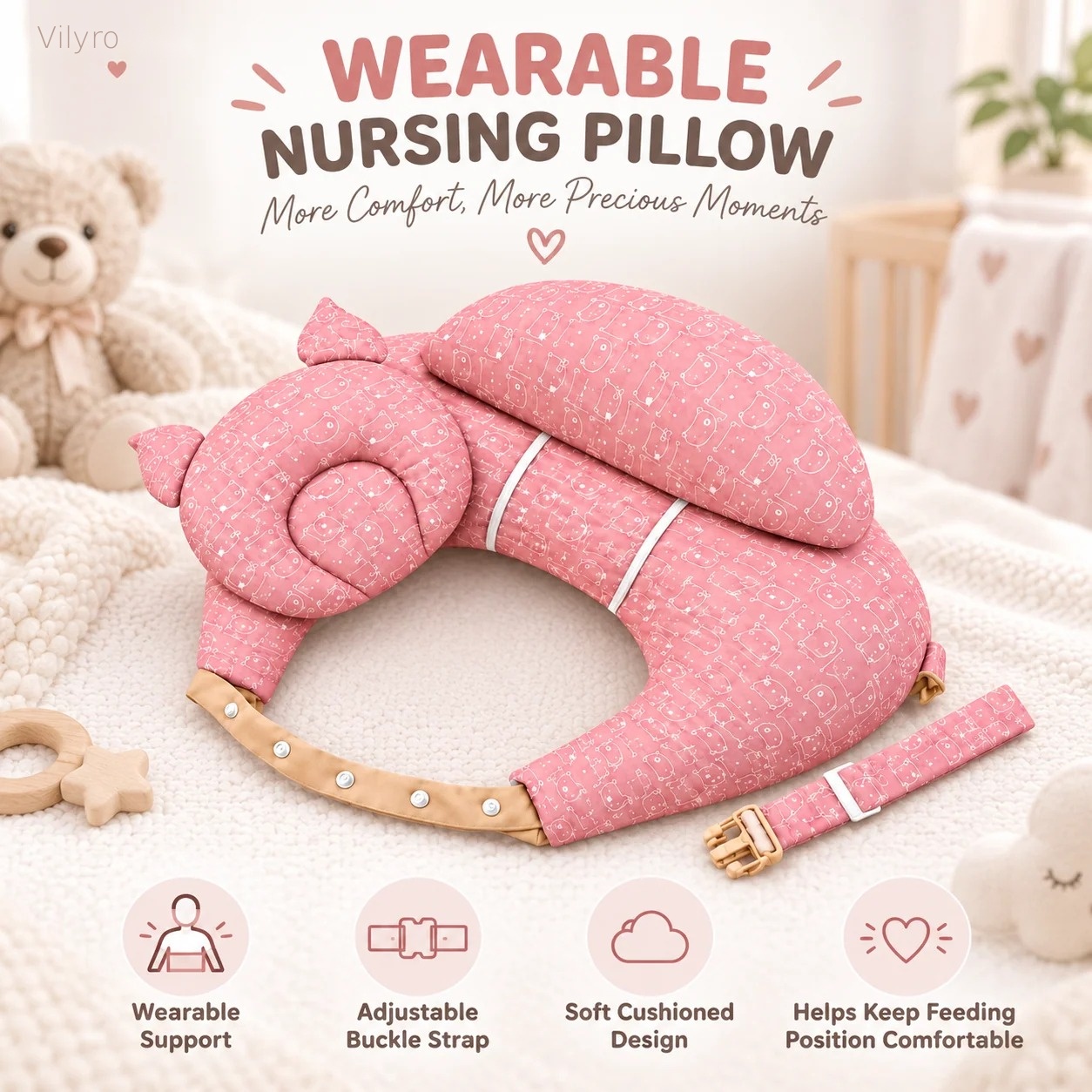 Wearable nursing pillow with wraparound cushion and upper pad