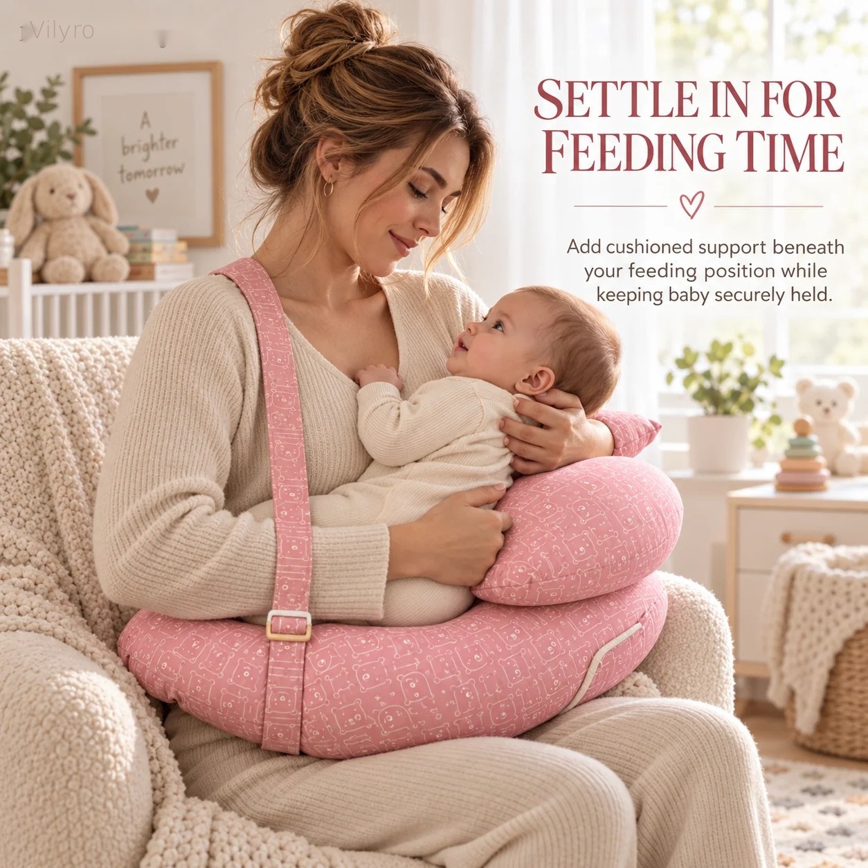 Nursing pillow shown in a seated feeding setup