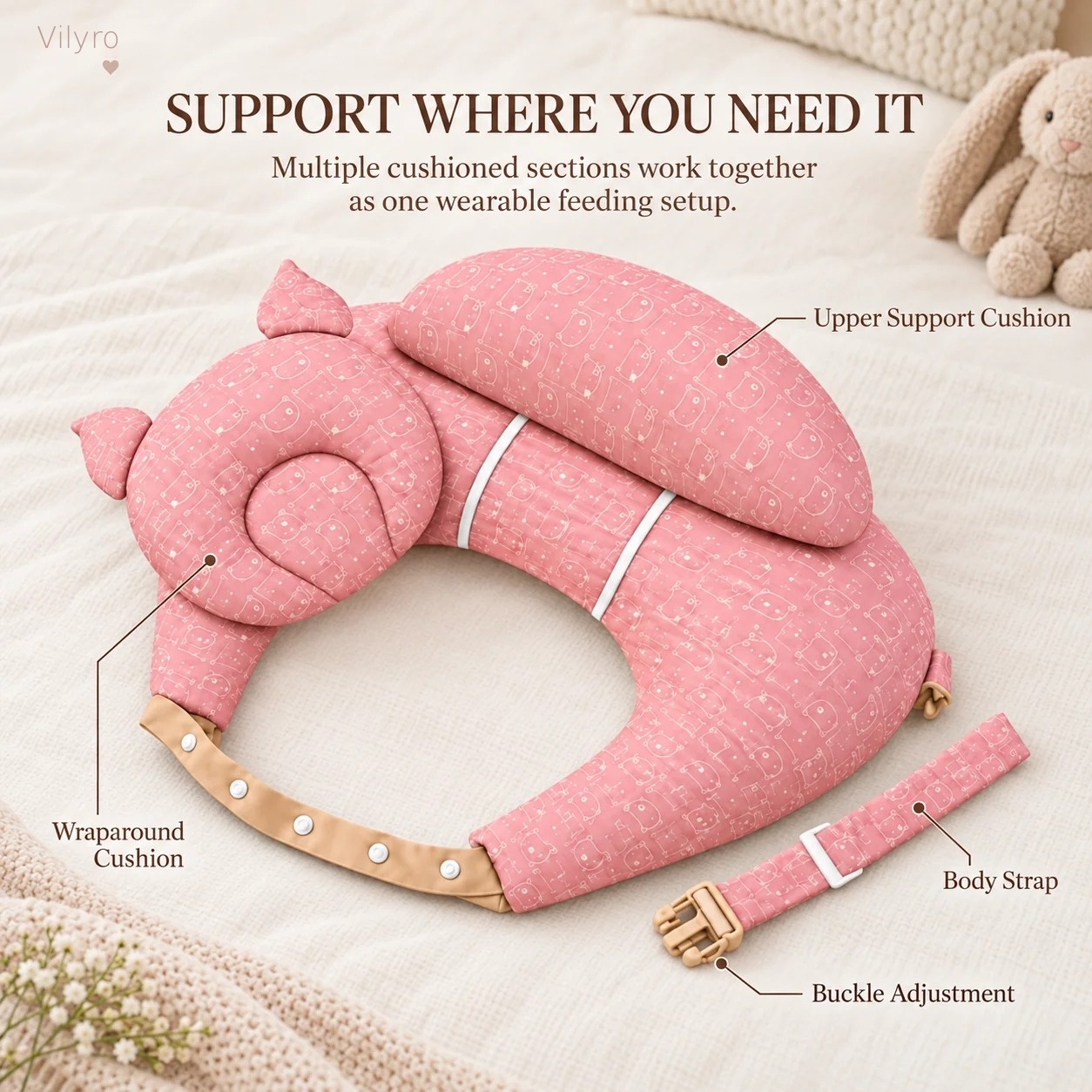 Layered shape and coordinated panels of the nursing pillow