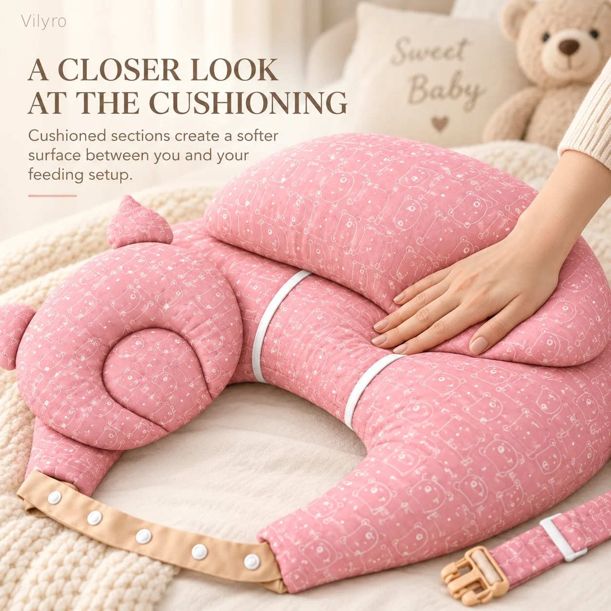 Pink patterned fabric and stitched details on the nursing pillow