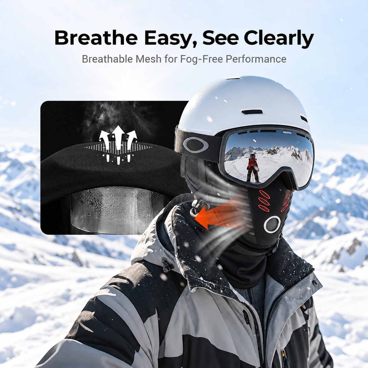Balaclava paired with winter sports clothing and eyewear