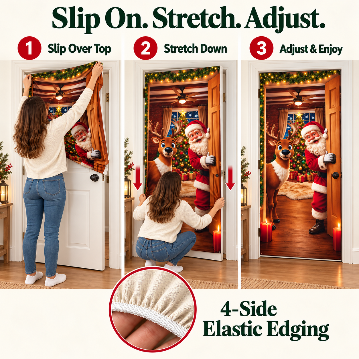 Three-step guide to positioning and adjusting the Christmas door cover
