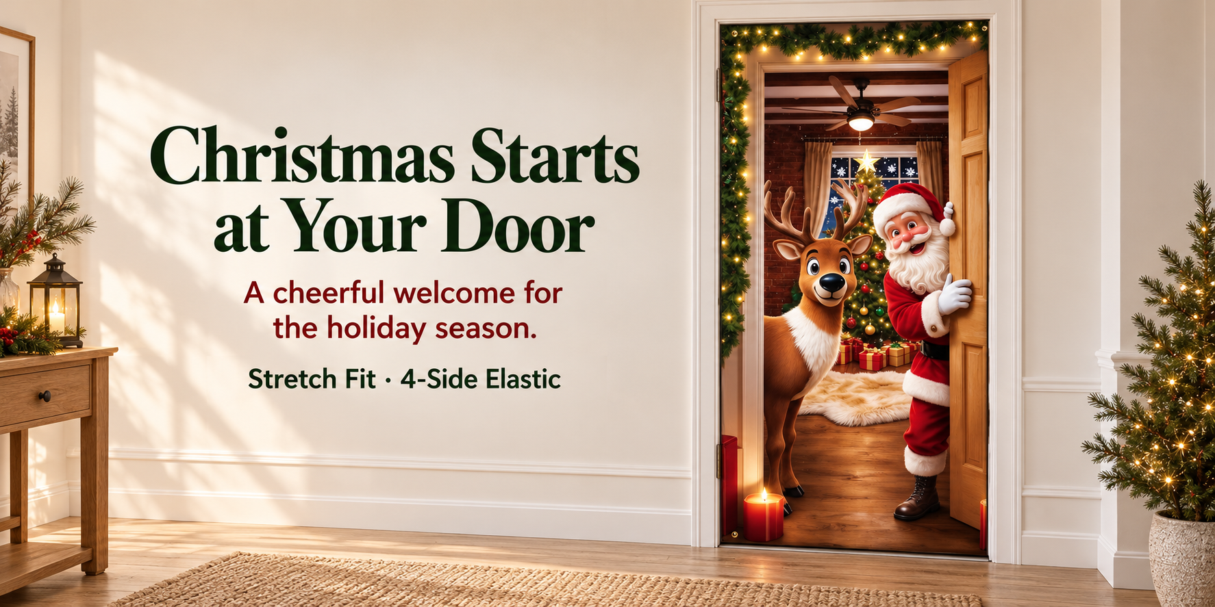 Santa and reindeer Christmas door cover displayed in a warm, festive entryway