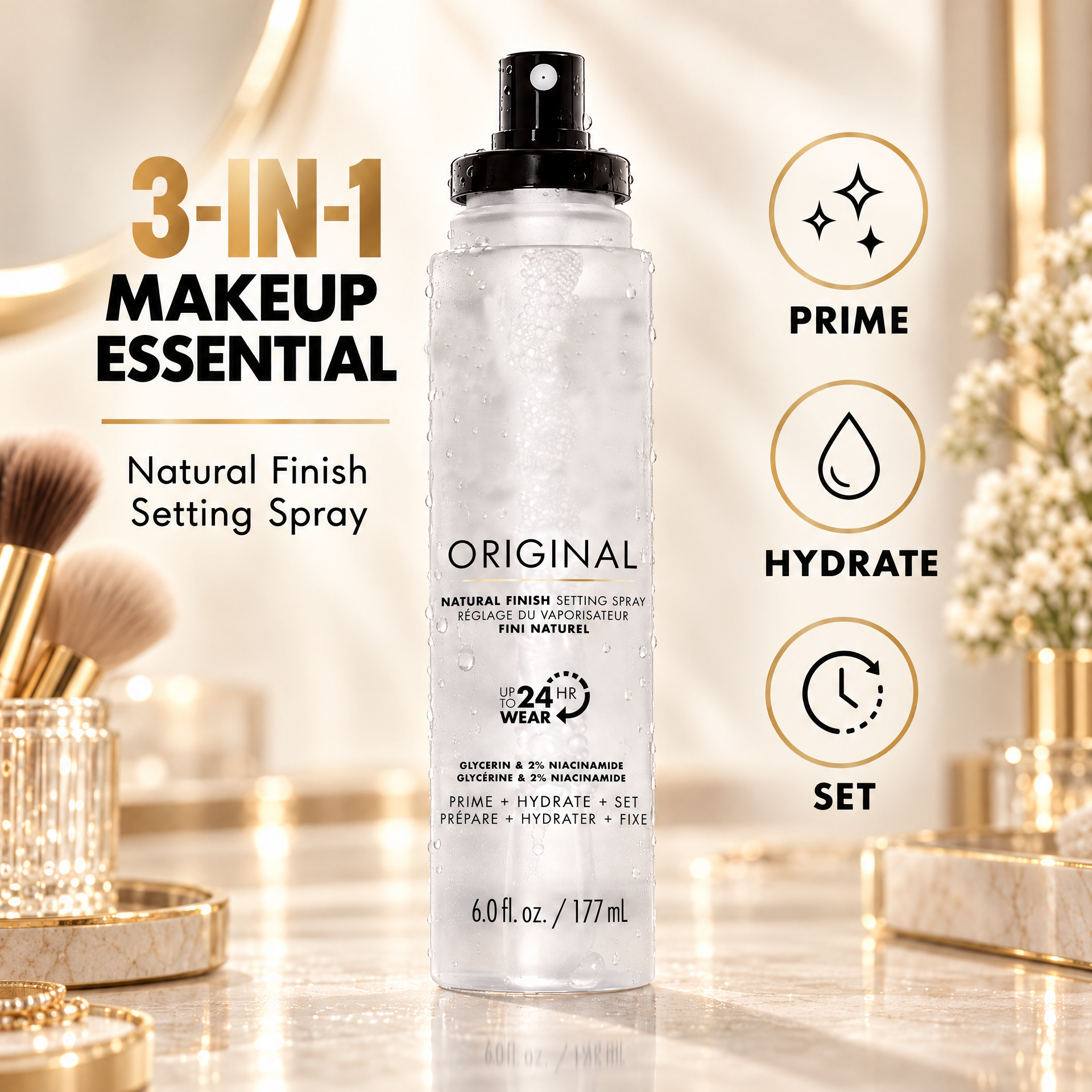 Three in one prime hydrate and set makeup setting spray