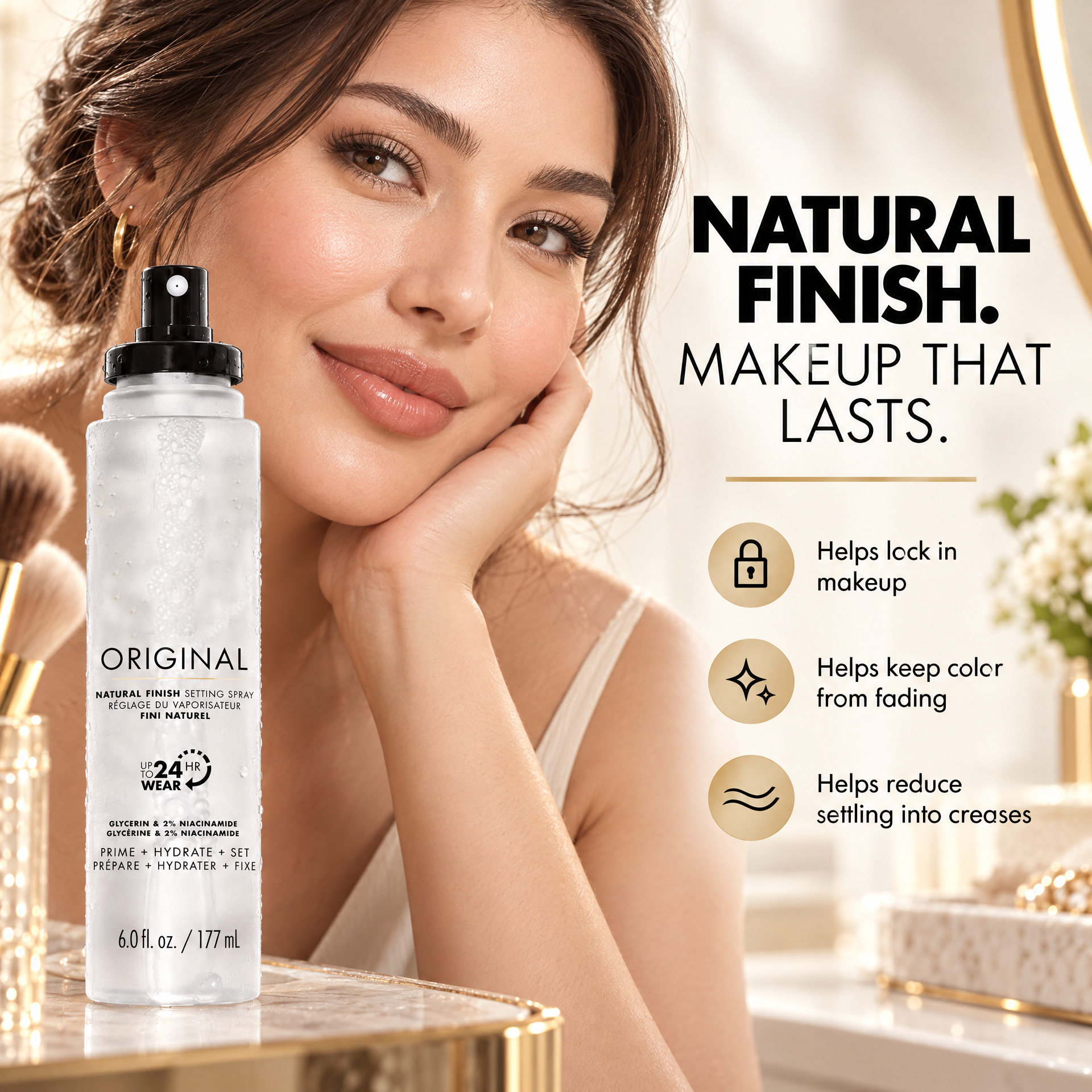 Long wearing natural finish makeup setting spray