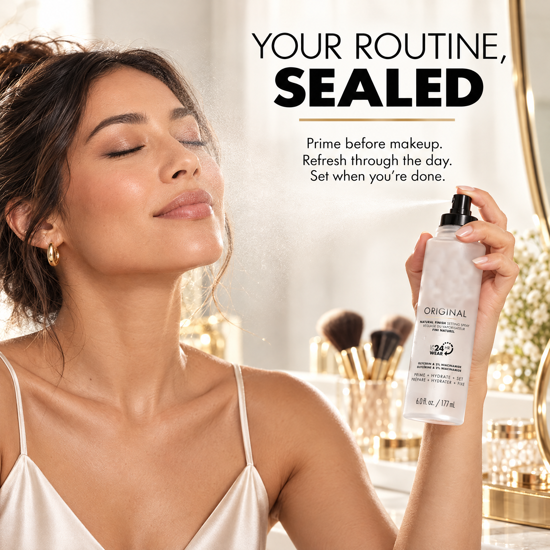 Applying natural finish makeup setting spray after makeup