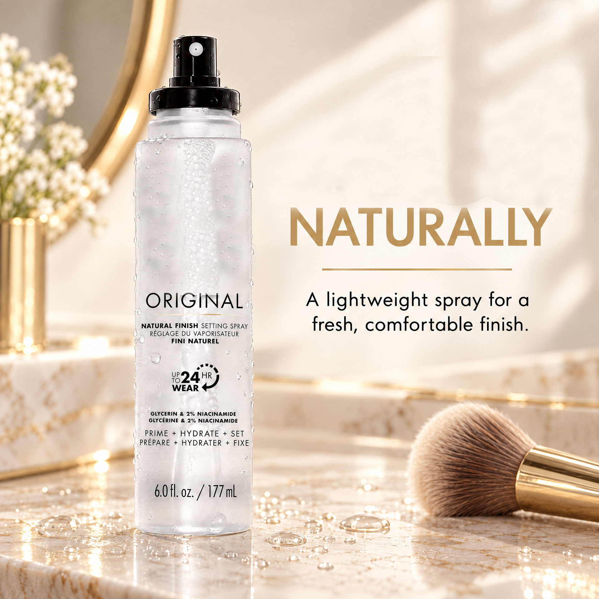Lightweight fine mist setting spray with natural looking finish