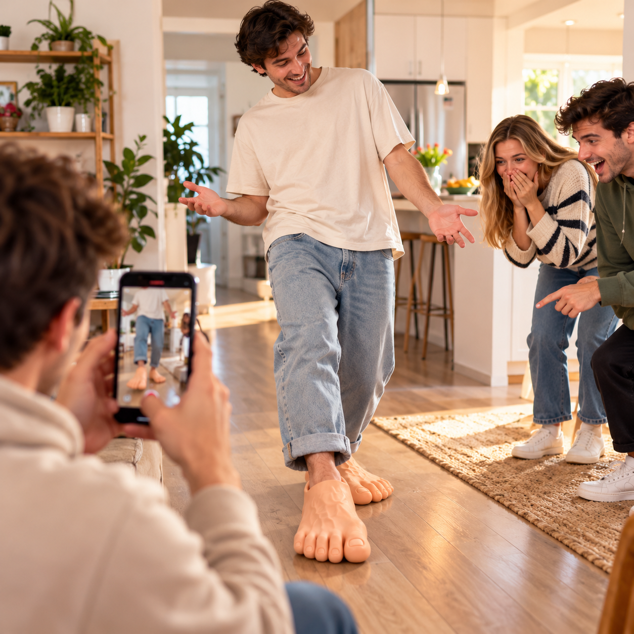 Creative photos and playful video skits featuring barefoot illusion slippers