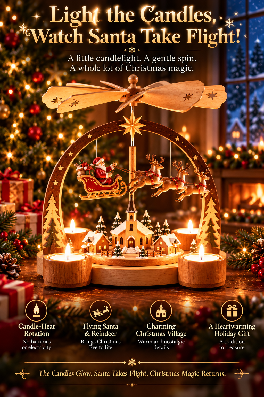Santa’s Midnight Flight Christmas candle carousel detail 1