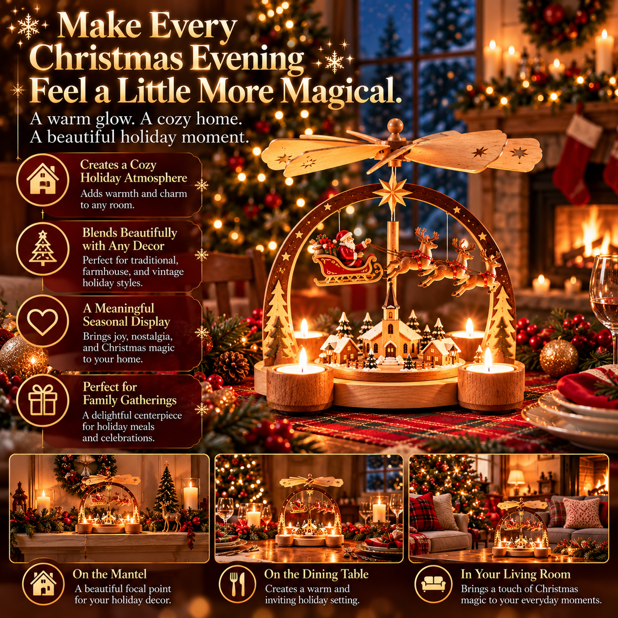 Santa’s Midnight Flight Christmas candle carousel detail 3