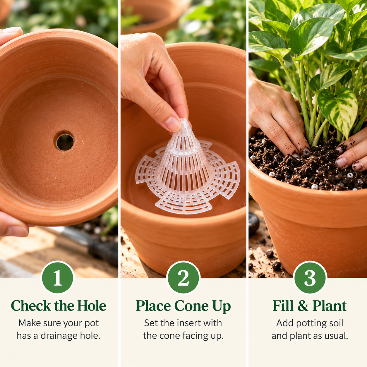 Steps for placing the cone-shaped drainage mesh inside a flower pot