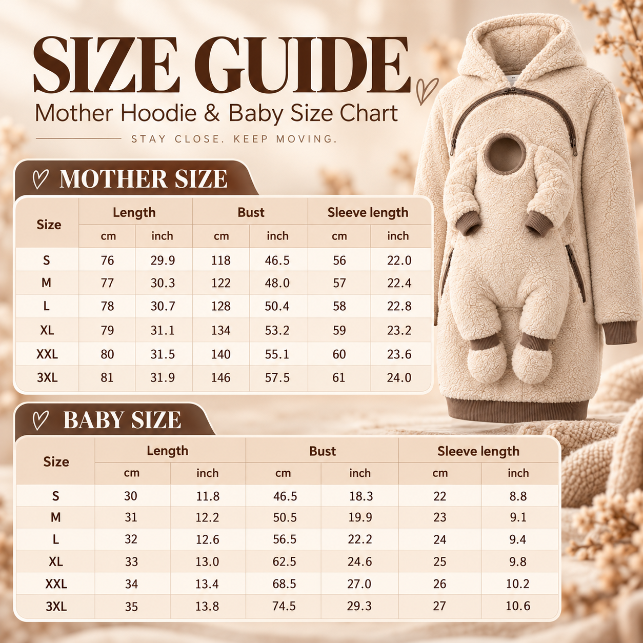 Mother hoodie and corresponding baby-section size charts from S to 3XL, with lengths, bust widths and sleeve measurements