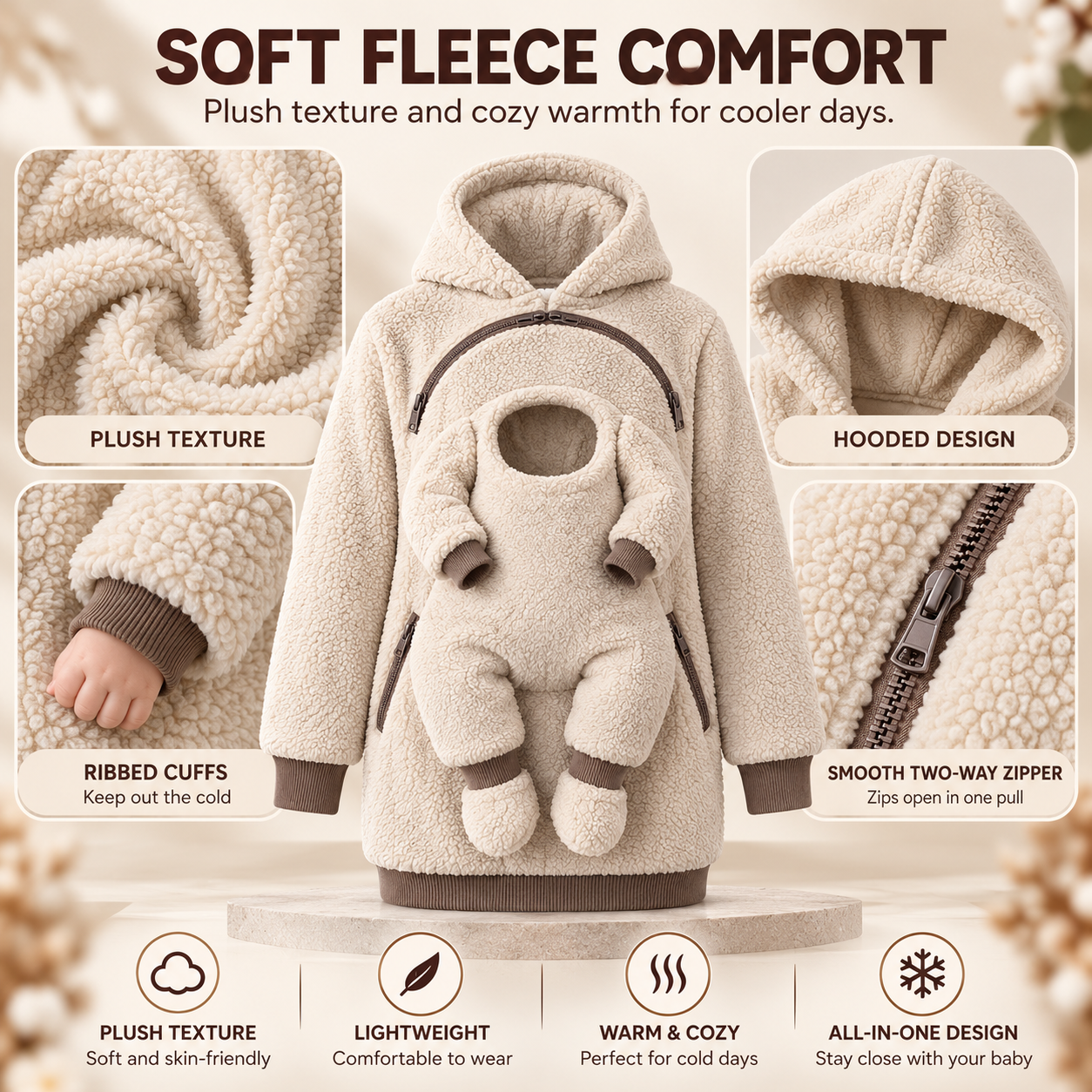 Cream sherpa-look hoodie showing its curved zipper, circular baby face opening and miniature sleeves and booties