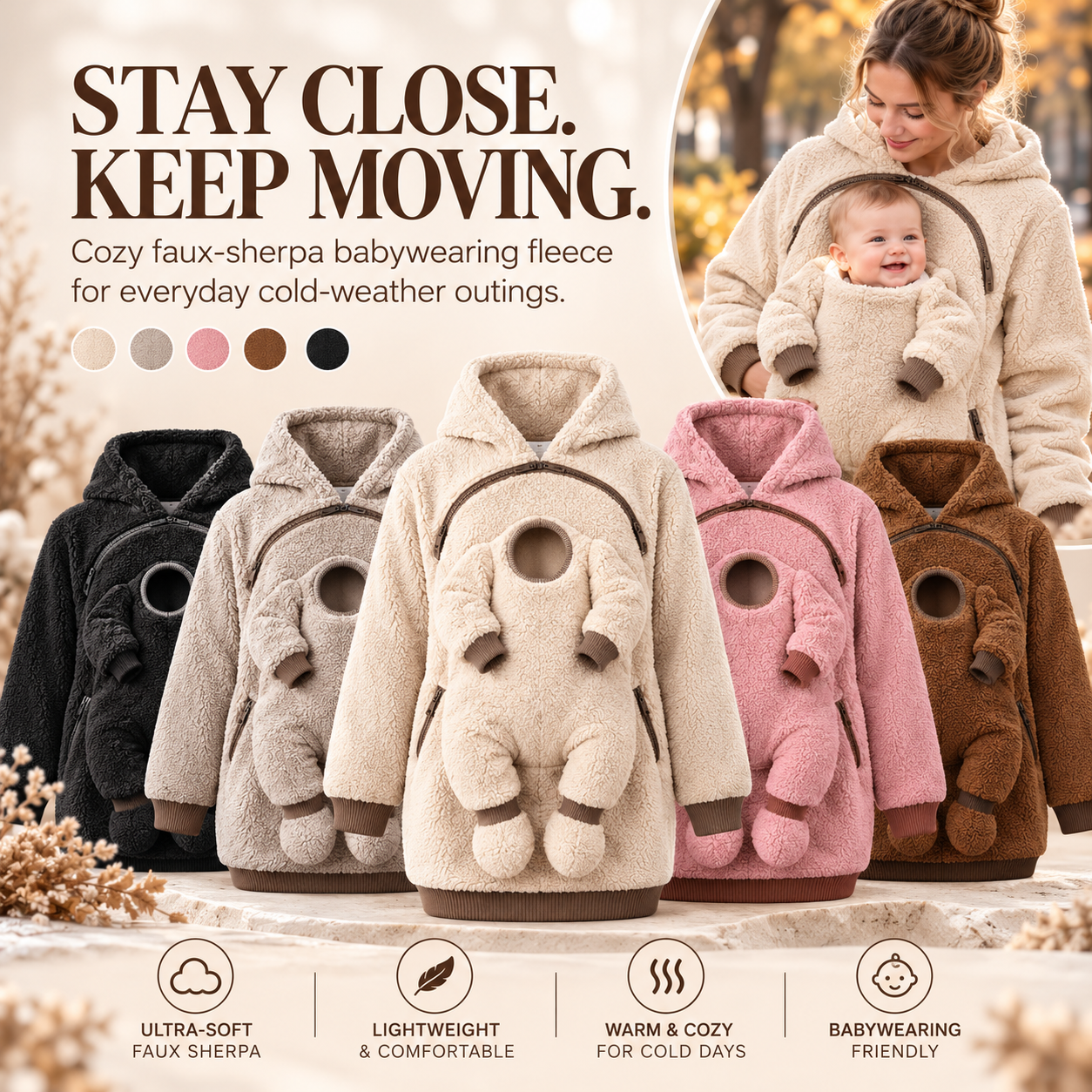 Five-color baby-shaped hoodie collection in cream, oatmeal, pink, caramel and black