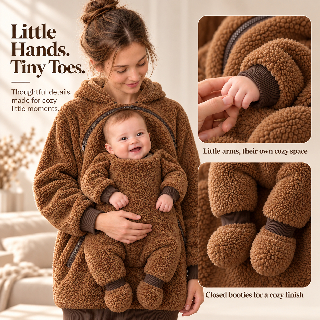 Parent-and-baby hoodie with close-up views of a miniature ribbed sleeve and covered baby booties