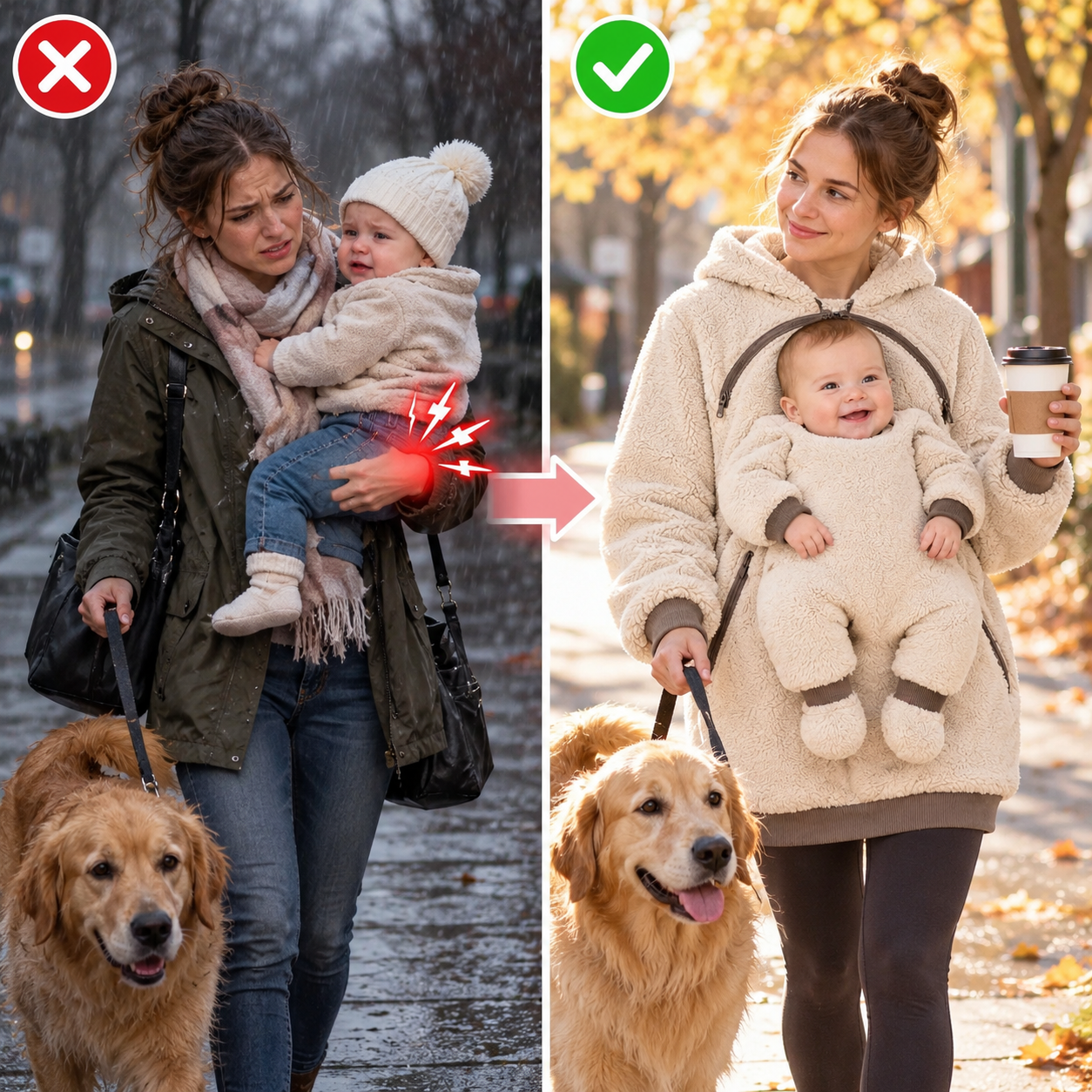 Illustrative before-and-after outdoor scene comparing an ordinary jacket with the baby-shaped fleece hoodie