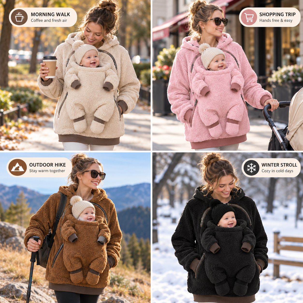 Four outdoor styling scenes showing the baby-shaped hoodie in cream, pink, caramel and black